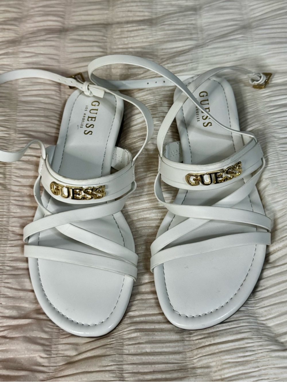 GUESS White Strappy Sandals with Gold Logo Accent Ankle Straps